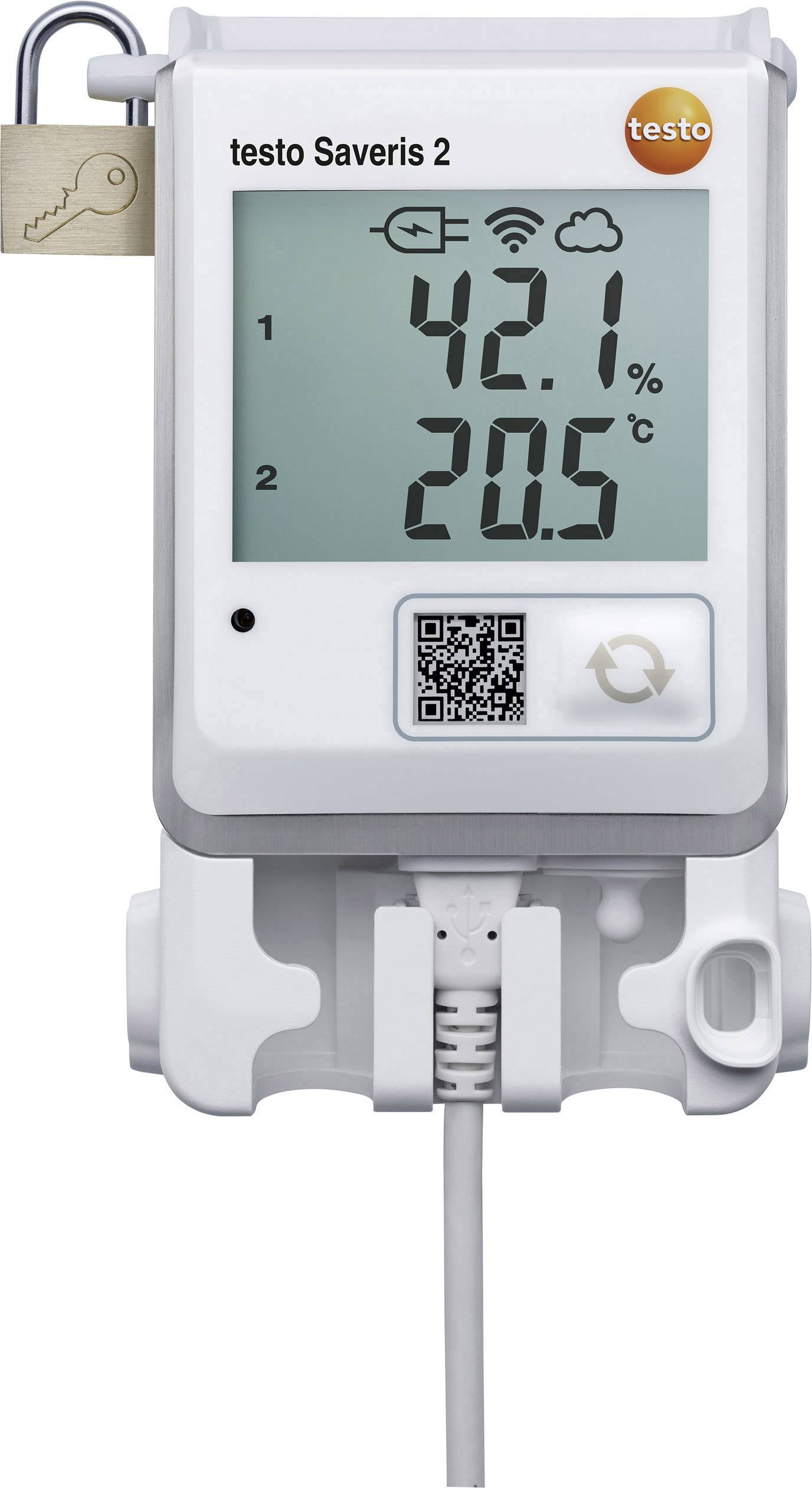 Elektronické měřicí zařízení zobrazuje '42,1 %' vlhkosti vzduchu a '20,5 °C' teploty. Nahoře vpravo symbol zámku.