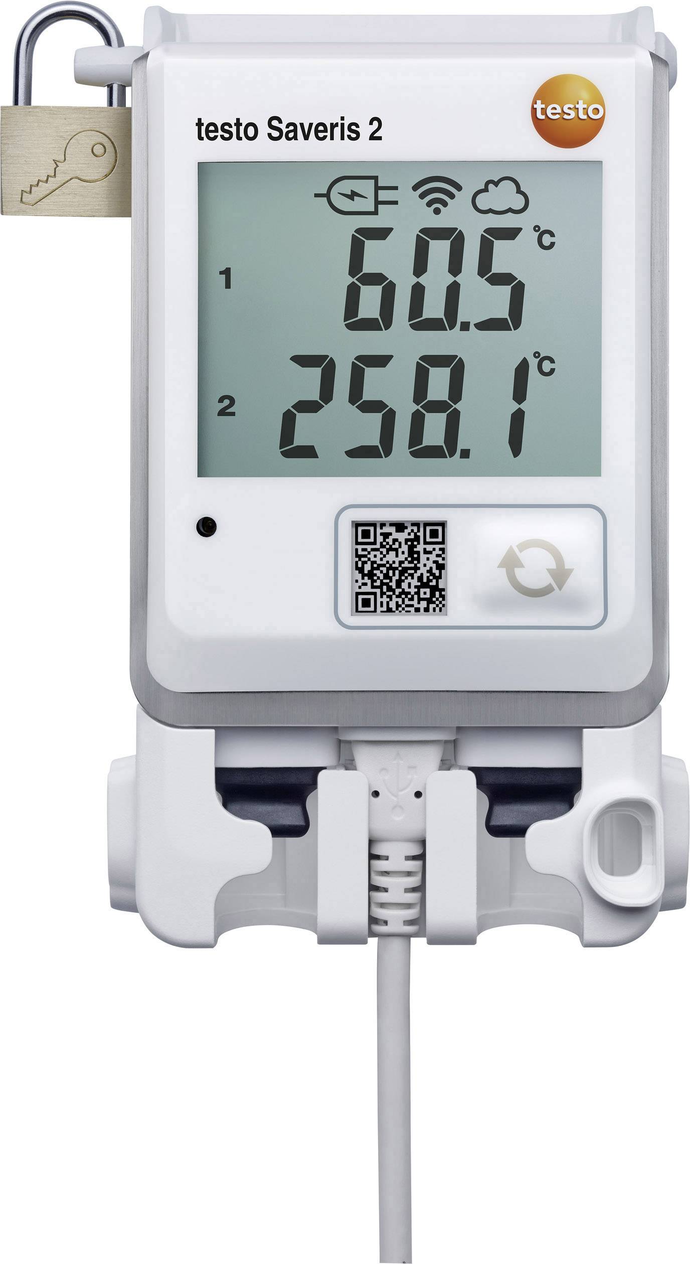 Teplotní datalogger s digitálním displejem zobrazuje '60,5°C' a '25,8°C'. V pravém horním rohu je zobrazen symbol WiFi.