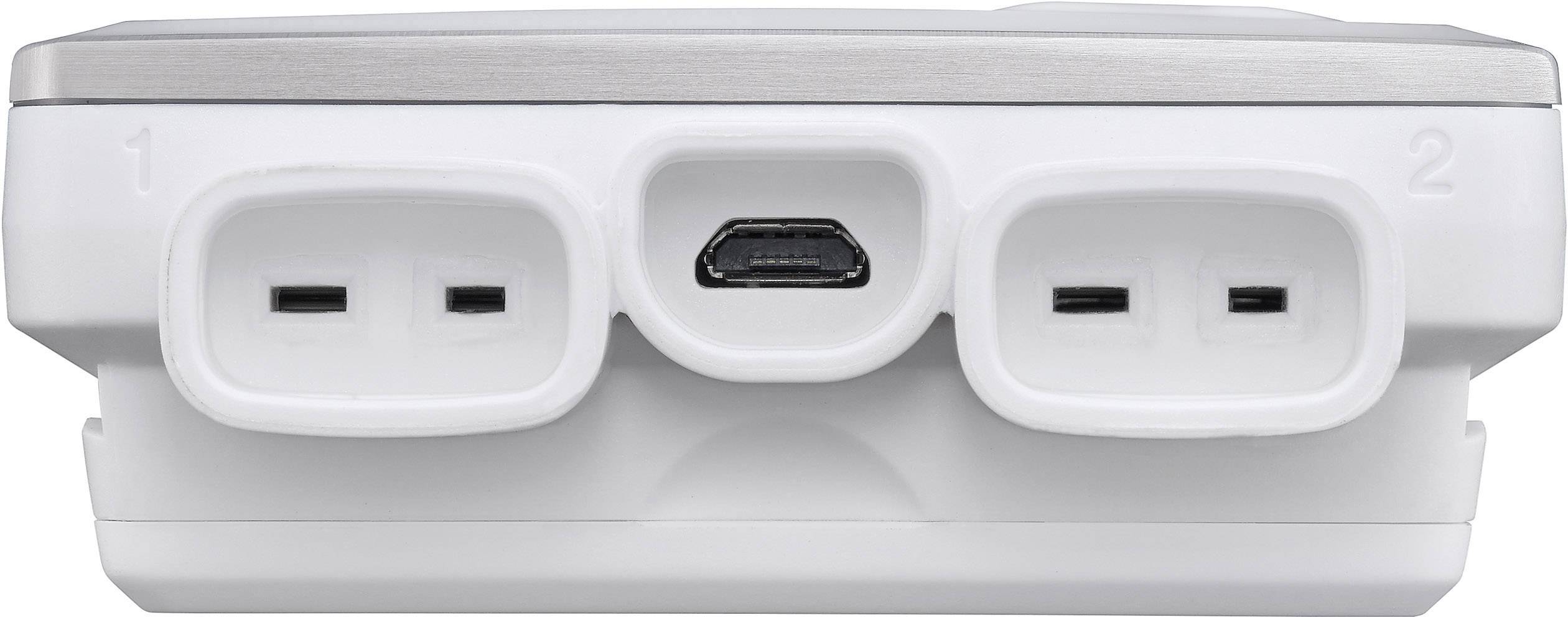 Bílé zařízení se dvěma obdélníkovými porty, označenými čísly '1' a '2', a menším centrálním USB portem.