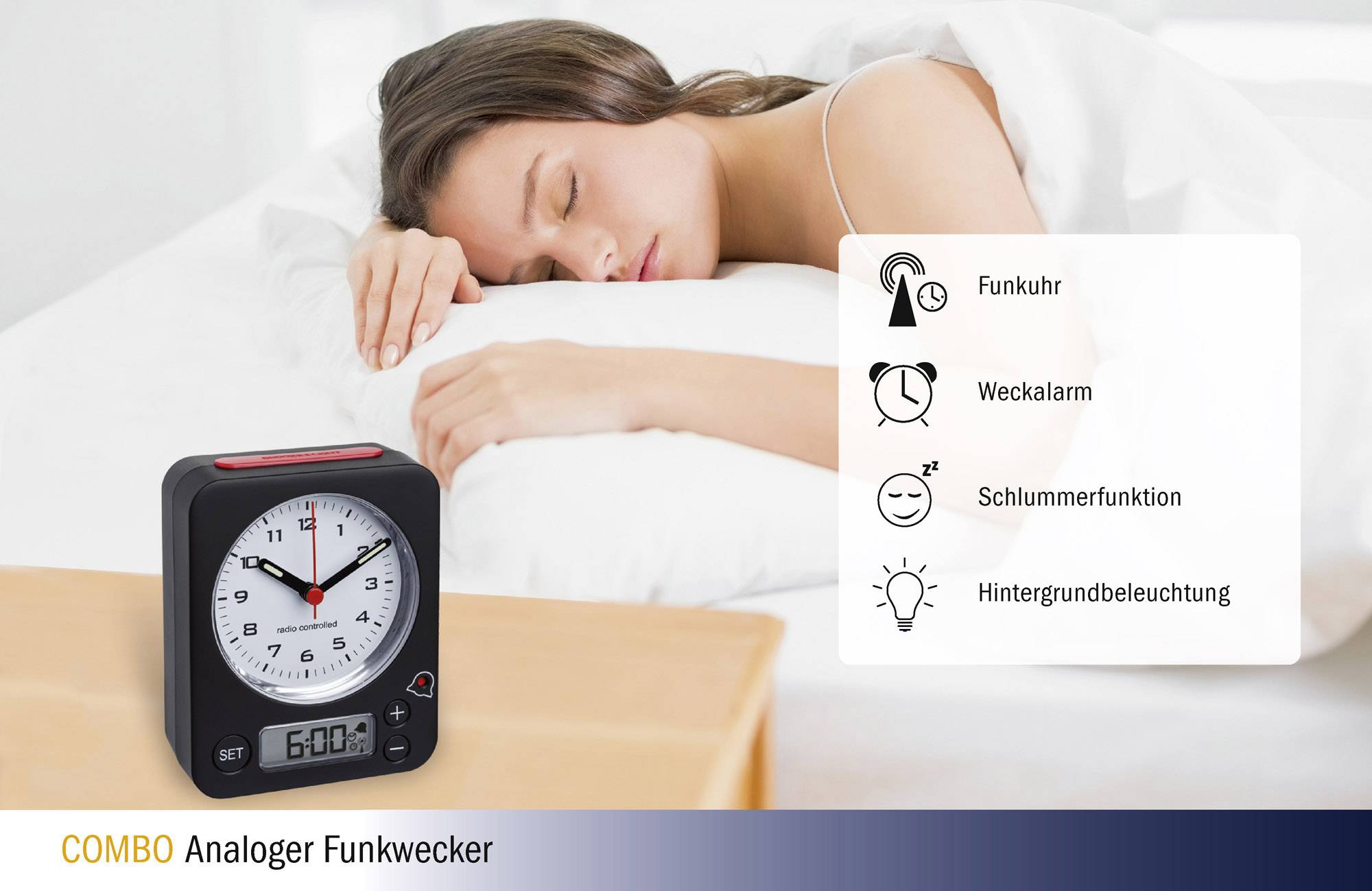 Žena spí vedle analogových budíků. Budík ukazuje 6:00 a má funkce jako je budík a funkce odloženého buzení.