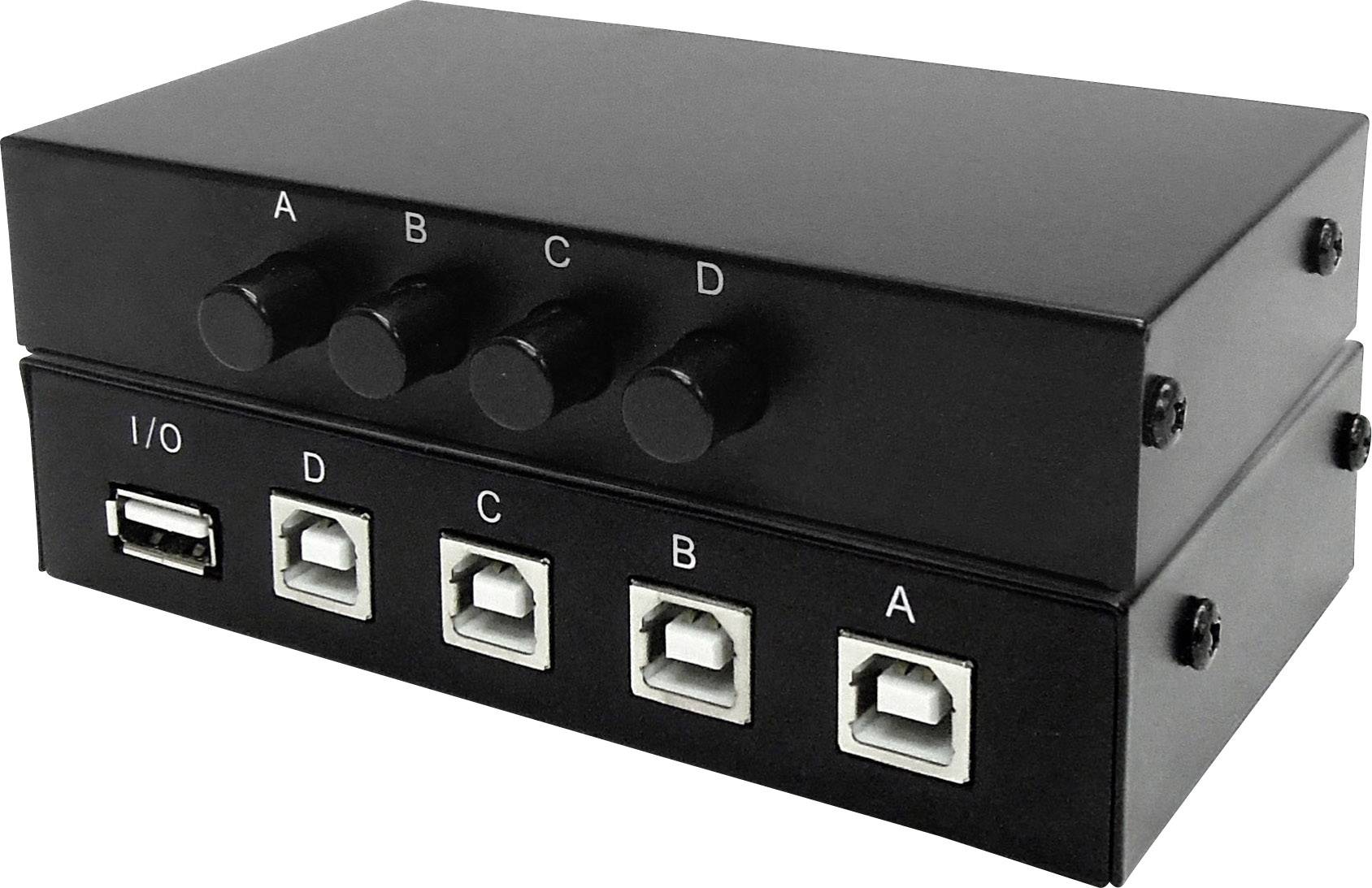 Černý USB přepínač se čtyřmi přepínacími tlačítky (A, B, C, D) a odpovídajícími USB porty. Slouží k výběru USB zařízení.