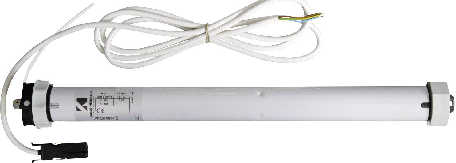Bílý elektrický trubkový motor s kabelem a zástrčkou, používaný pro automatizaci rolet nebo markýz.