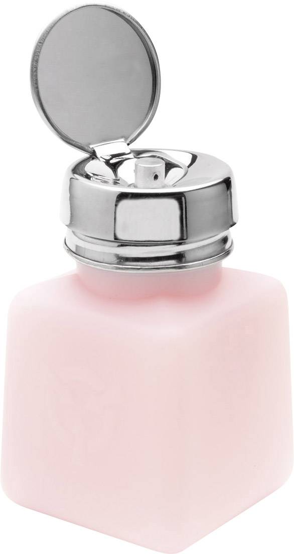 Napůl otevřená, růžová plastová nádoba s kovovým stříbrným víkem, pravděpodobně určená na tekutiny.