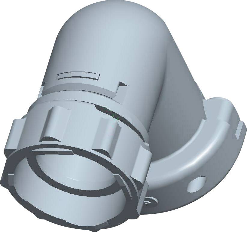 3D znázornění šedého úhlového adaptéru na trubkovou přírubu se šroubovým uzávěrem.