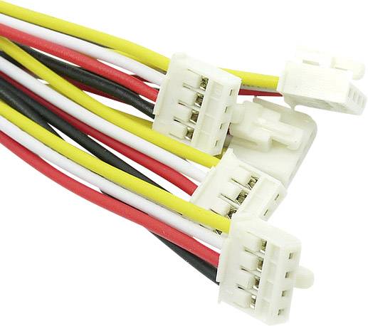 Několik barevných kabelů s bílými konektory, které se navzájem propletají. Vhodné pro elektronické propojení a opravy.