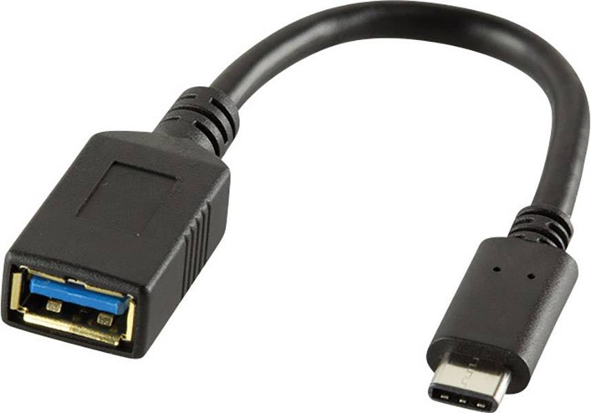 Adaptační kabel USB na USB-C. Vlevo USB konektor, vpravo USB-C konektor. Vhodný pro propojení různých zařízení.