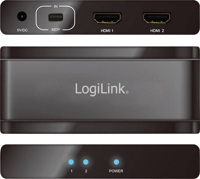 Černá skříňka s následujícími konektory: MDP, HDMI 1, HDMI 2. Tři modré kontrolky pro '1', '2' a 'Napájení'.