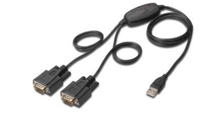 Adaptační kabel USB na dva sériové porty s dvěma DB9 konektory a jedním USB konektorem; umožňuje sériové připojení přes USB.