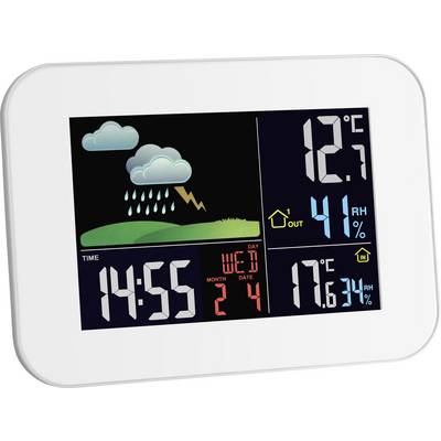 Digitální meteorologický ukazatel zobrazuje déšť, venkovní teplota 12,7°C, vnitřní teplota 17,6°C, venkovní vlhkost vzduchu 41 %, vnitřní vlhkost vzduchu 34 %. Čas: 14:55.