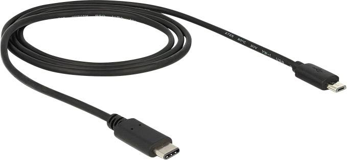 Černý USB-C kabel, stočený, s A a B konektory, vhodný pro přenos dat a nabíjení zařízení.