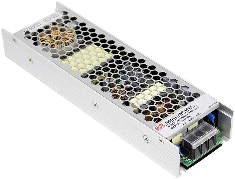 Obdélníkový napájecí zdroj s větraným krytem a několika elektronickými komponenty uvnitř. Vhodný pro průmyslové aplikace.