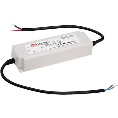Obdélníkový LED driver značky Mean Well s modelem LPV-100-15 je vybaven červenými a černými připojovacími kabely.