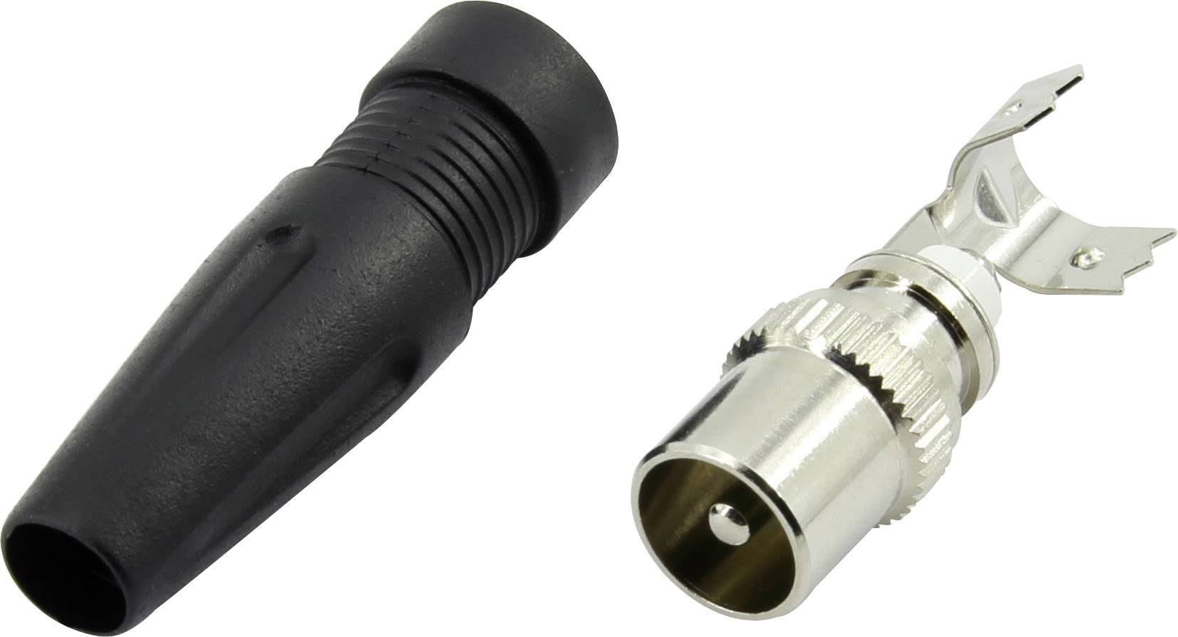 Černý ochranný plášť a stříbrná BNC zástrčka pro koaxiální kabel jsou zobrazeny vedle sebe.