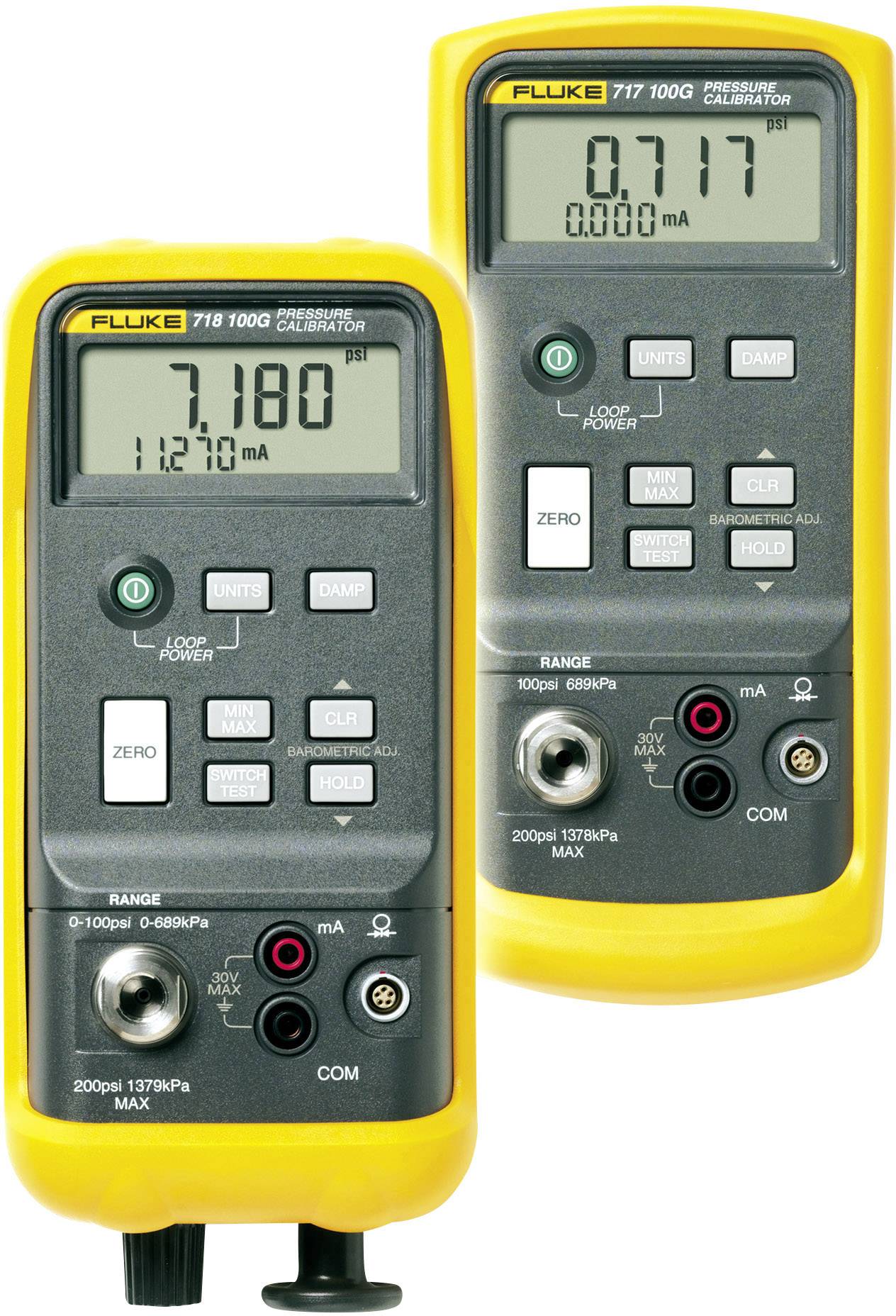 Dva žluté tlakoměrné kalibrátory s displeji zobrazujícími hodnoty tlaku a proudu. Vlevo: 7,180 PSI, vpravo: 0,717 mA.