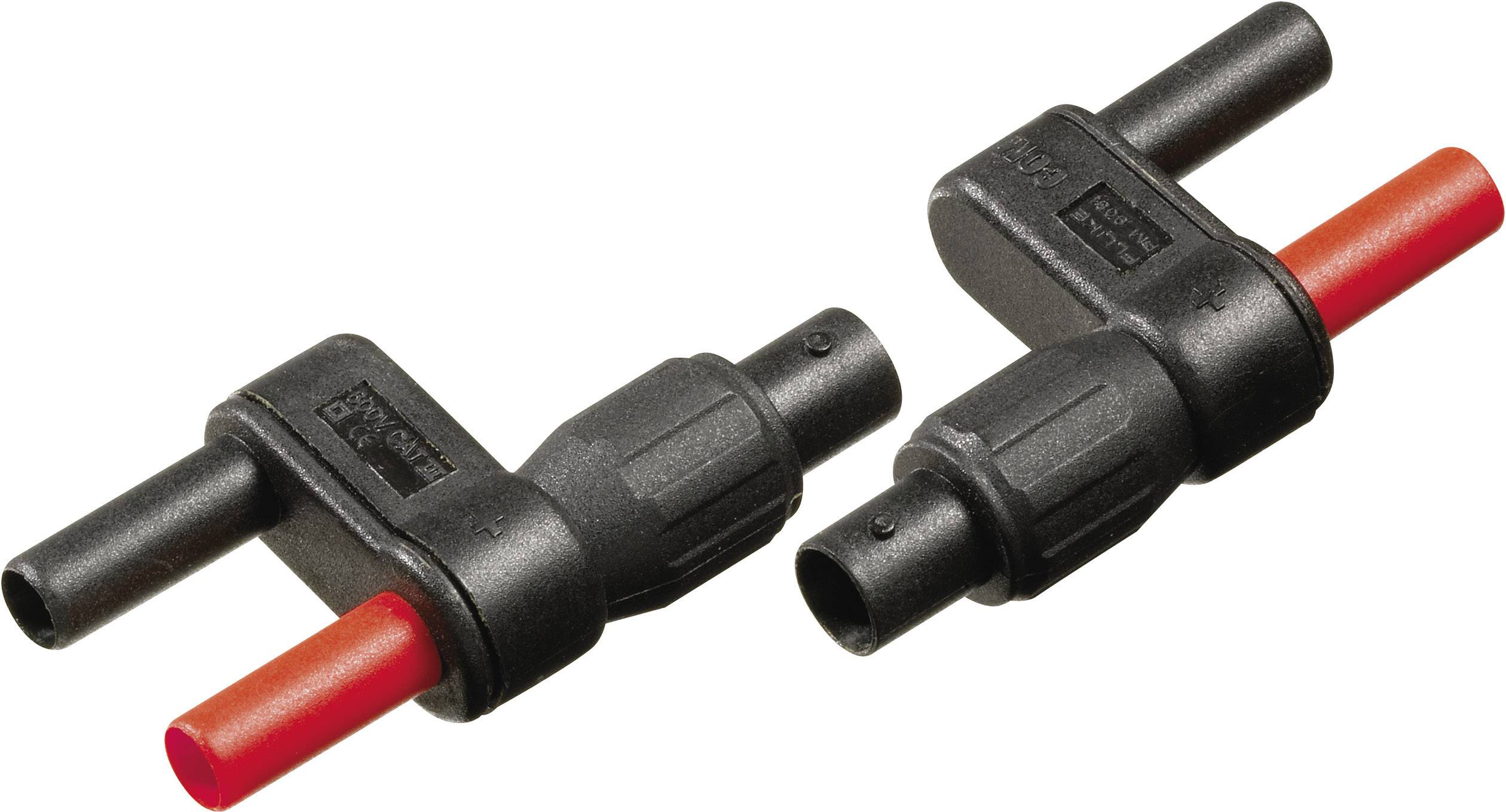Černé a červené banánkové konektory v Y-adaptéru pro propojení elektrických komponent.