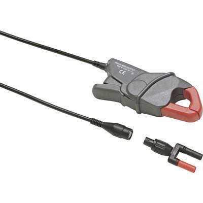 Klešťový ampérmetr s černými a červenými čelistmi, propojený černým kabelovým adaptérem pro měření elektrického proudu.