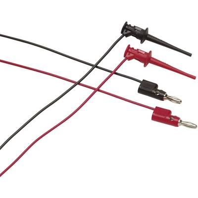Dva měřicí vodiče, červený a černý, s krokosvorkami a banánkovými konektory, určené pro použití v elektronických obvodech.