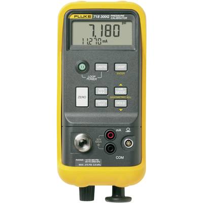 Tlakoměr 'Fluke 718 300G' zobrazuje naměřenou hodnotu 7,180 PSI, 11,276 mA. Žluté pouzdro, tlačítka pro nastavení, připojení dole.