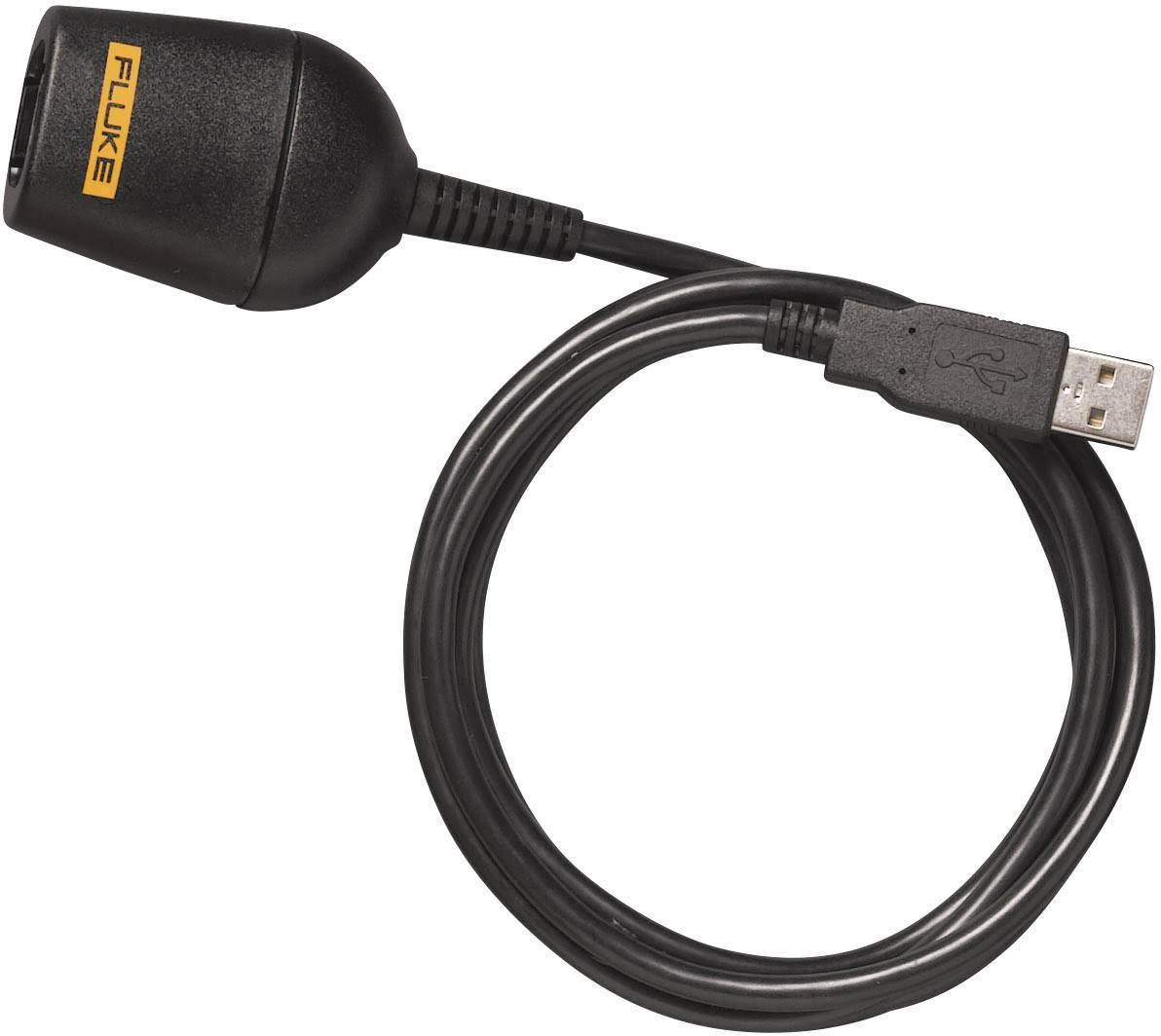 Černý USB kabel s adaptérem, na kterém je nápis 'FLUKE'.