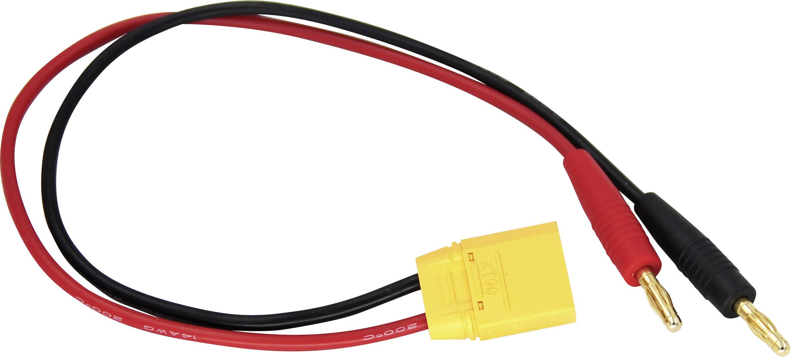 Červeno-černý nabíjecí kabel s žlutou konektorovou zástrčkou XT60 a dvěma banánkovými konektory.
