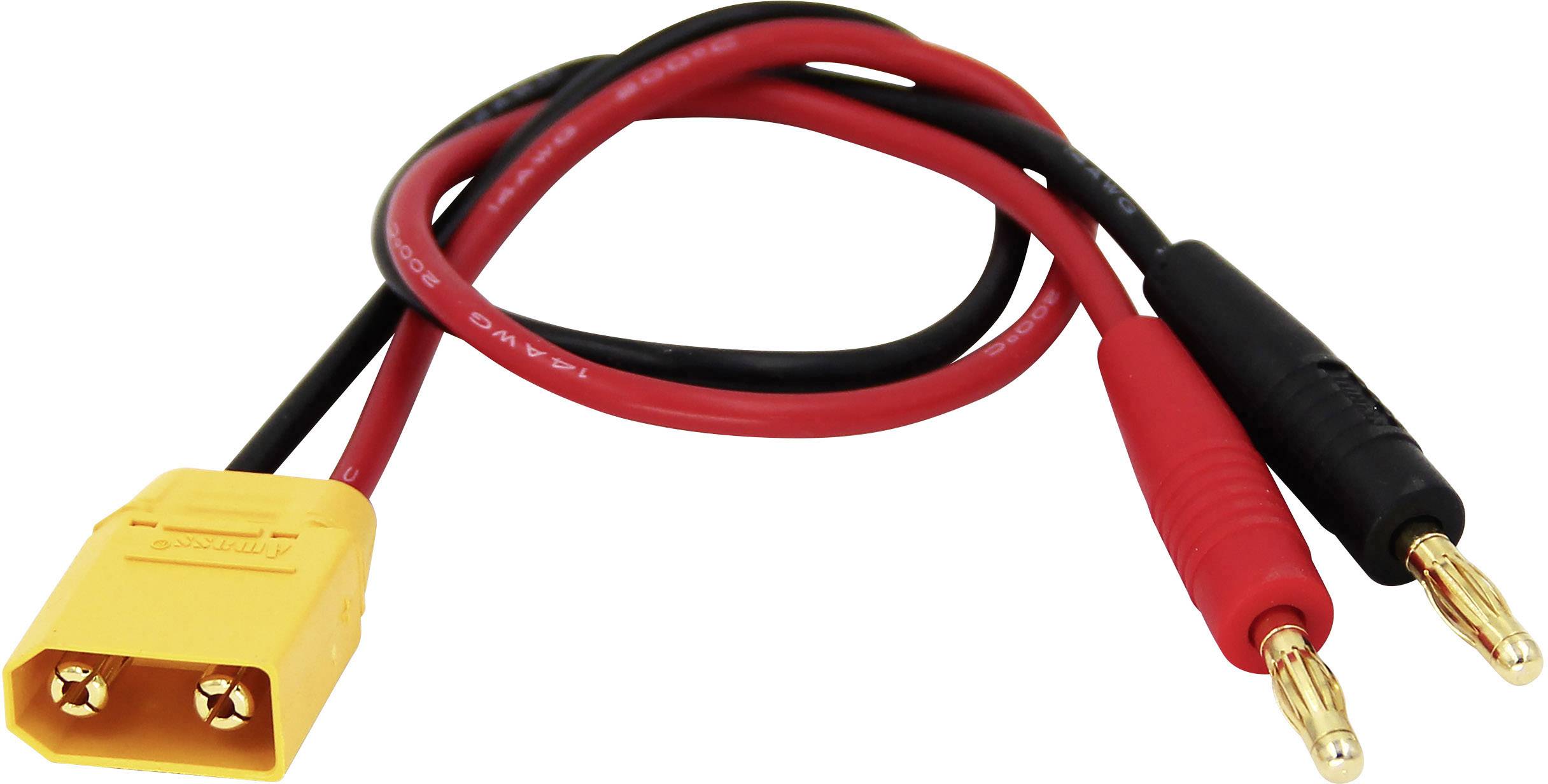 Žlutý kabel s konektorem XT60 a banánkovými konektory s černým a červeným vodičem, běžně používaný pro RC baterie a elektroniku.