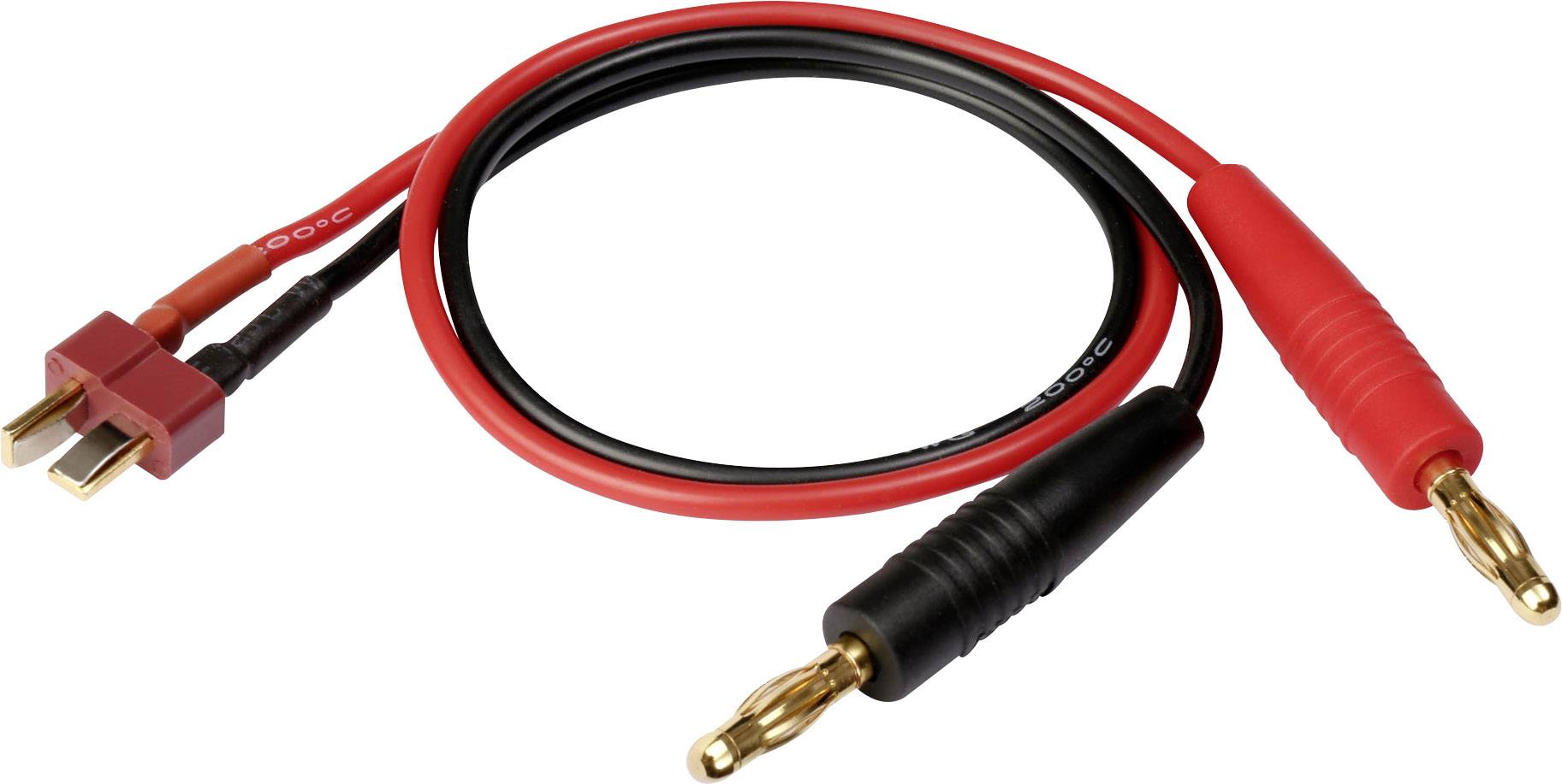 Kabel s červeným a černým konektorem na jednom konci a dvěma zlatými konektory na druhém konci, určený pro elektrická propojení.