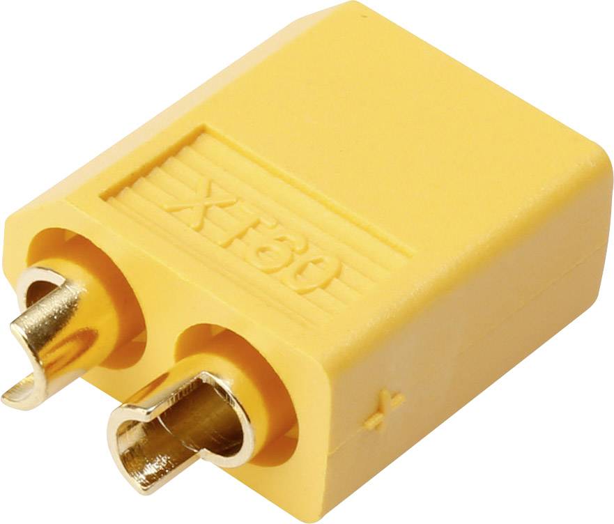 XT60 konektor v žluté barvě se dvěma kovovými kontakty, používaný pro připojení RC baterií, poskytuje bezpečné a stabilní elektrické spojení.