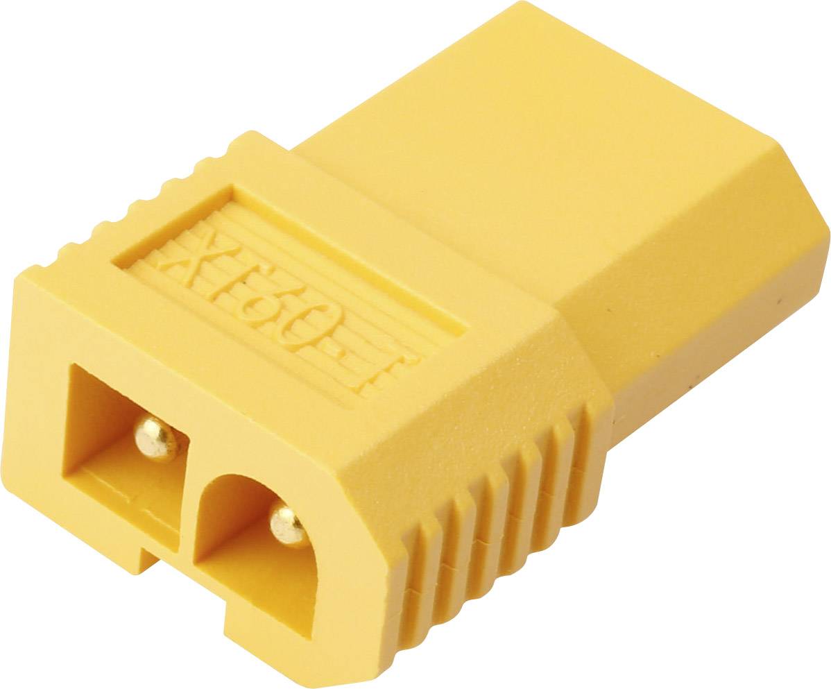 Žlutý konektor XT60, obdélníkového tvaru se dvěma svorkami, se používá k bezpečnému propojení v elektrických obvodech.