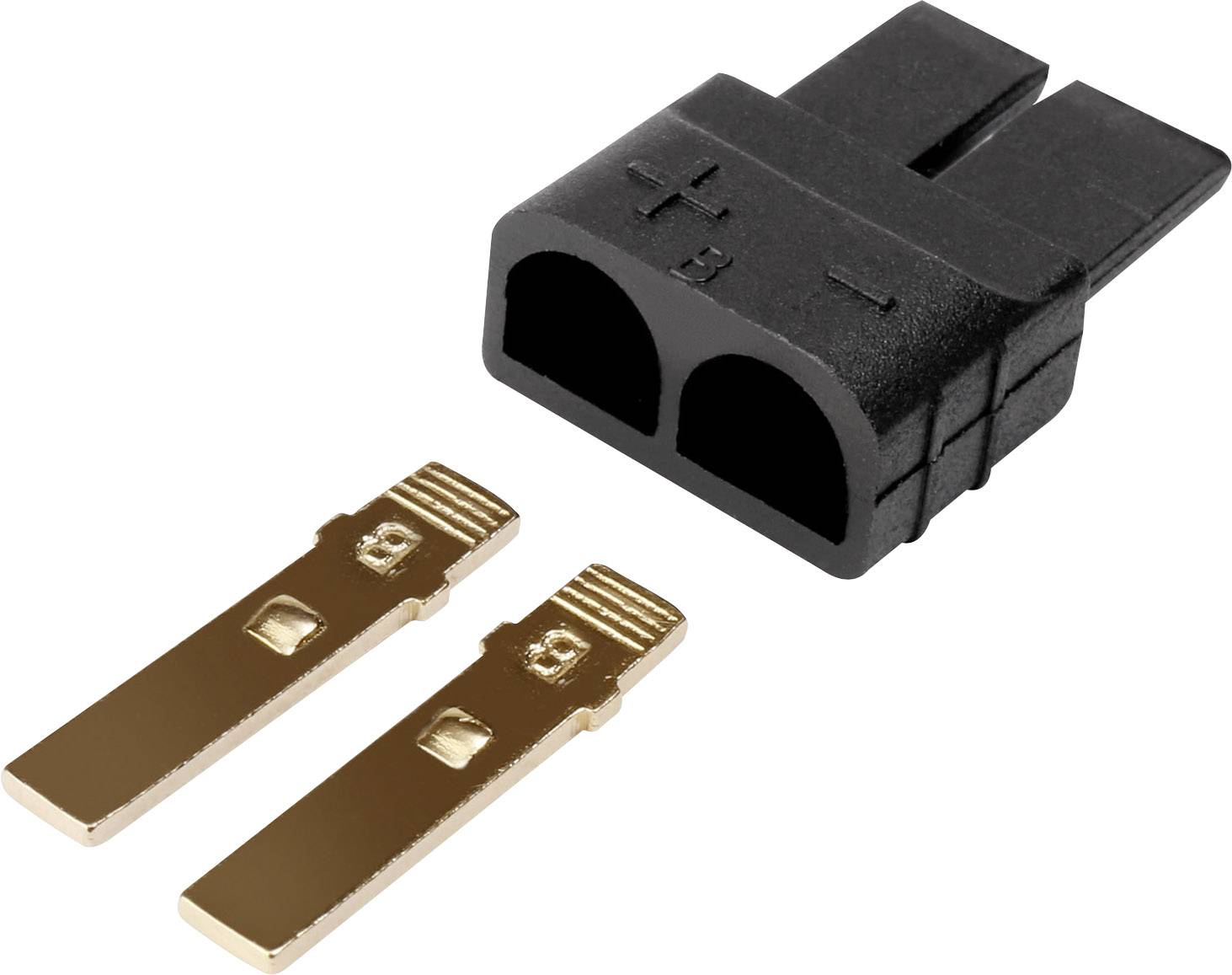 Černý elektrický konektor se dvěma zlatými kovovými kontakty. Kontakty jsou označeny symbolem plus a mínus.