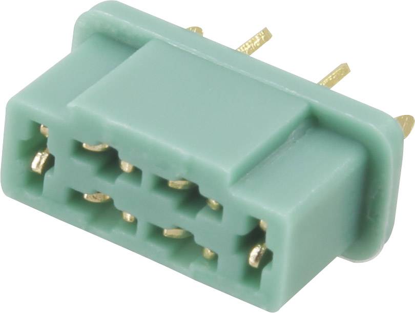 Zelený pětipolový konektor se zlatými kontakty, vhodný pro elektronické aplikace.