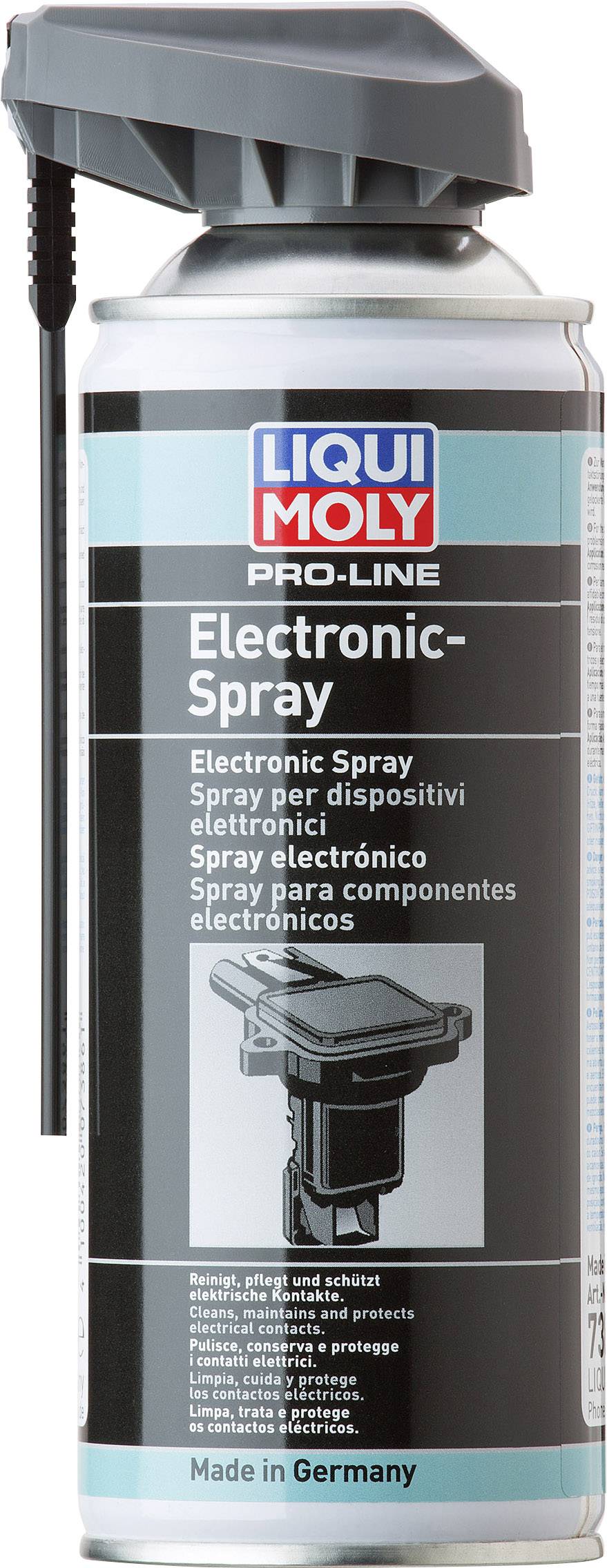 Sprej Liqui Moly Pro-Line 'Electronic-Spray' určený k čištění a údržbě elektronických kontaktů. Vyrobeno v Německu.