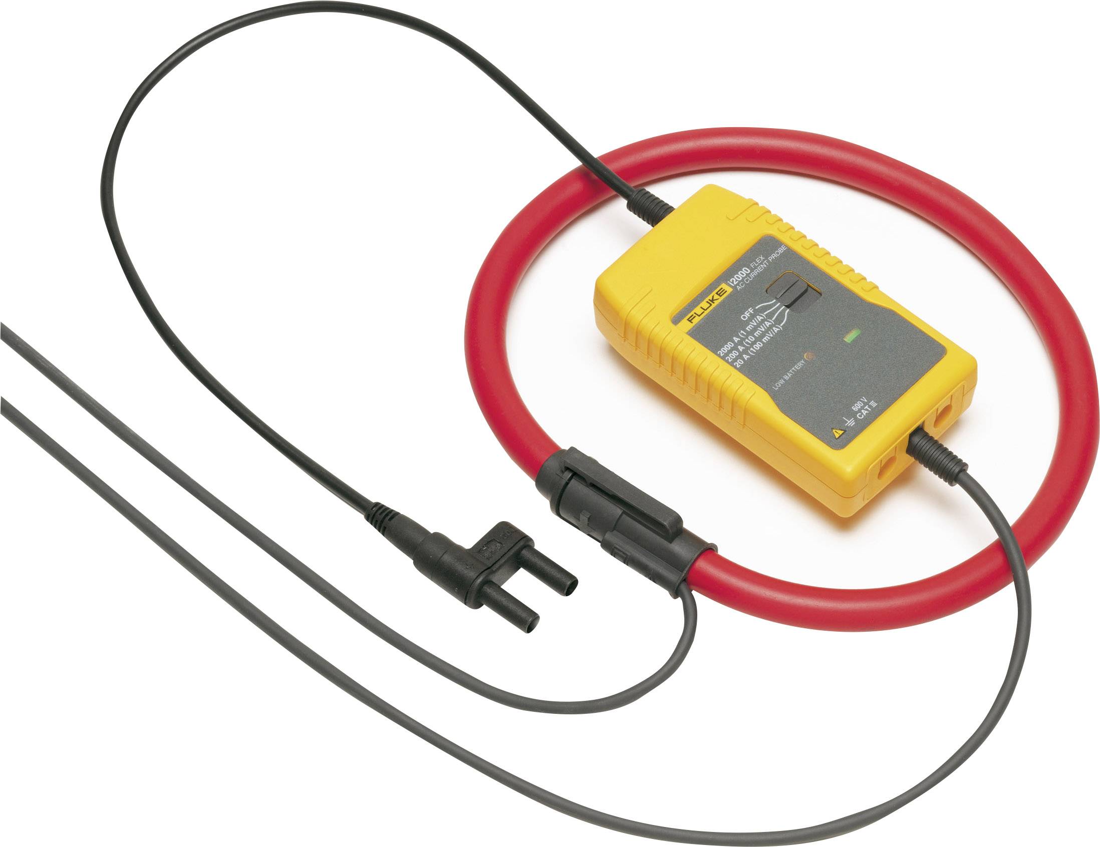 Žluté proudové měřicí zařízení Fluke s červeně izolovaným senzorovým vedením, které se používá k měření elektrických proudů.