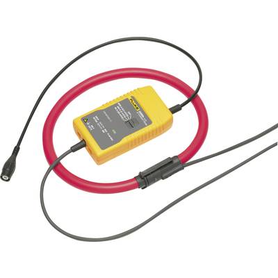 Žluté elektronické zařízení s červeným kabelem, používané pro měření elektrického proudu; zobrazuje digitální displej a připojovací kabely.