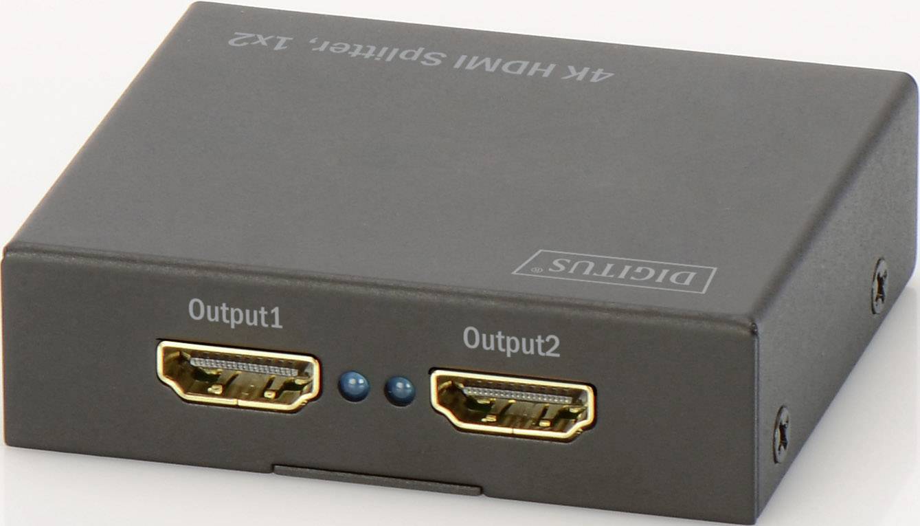 Černý '4K HDMI rozbočovač 1x2' se dvěma HDMI výstupy, označenými jako 'Output1' a 'Output2', a dvěma modrými LED diodami.