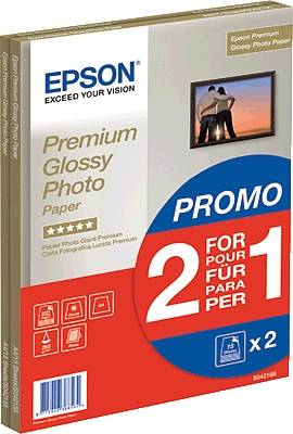 Epson fotografický papír, nabídka 2 za 1. Obsahuje 2 balení prémiového lesklého fotografického papíru. Obrázek západu slunce na televizní obrazovce.