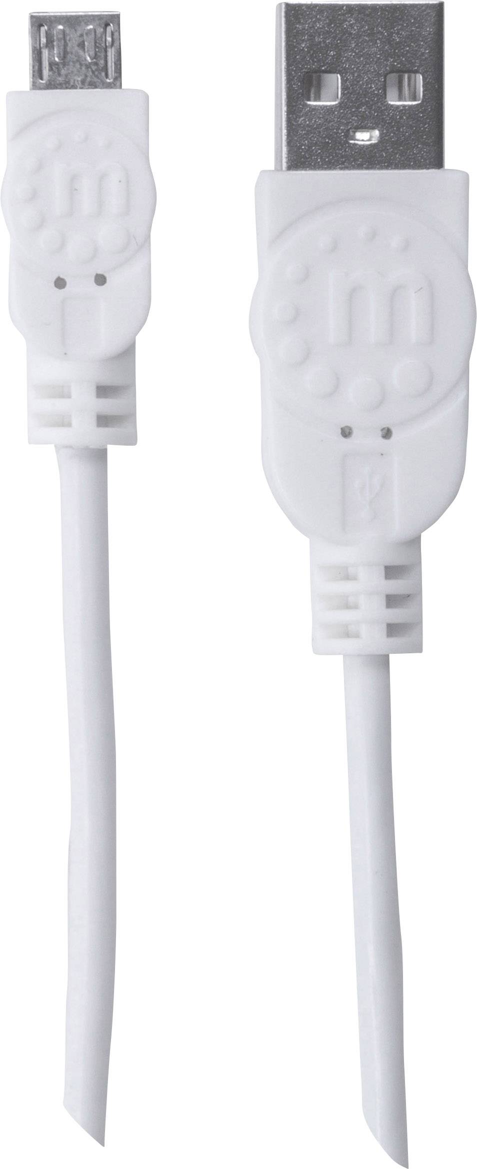 Bílý USB kabel s micro-USB konektorem na jedné straně a standardním USB konektorem na straně druhé, umístěný na bílém pozadí.