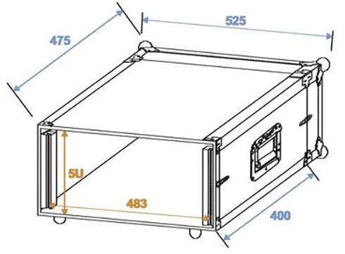 Technický výkres obdélníkového racku s rozměry: 525x400 mm, výška 5U; šířka 483 mm; hloubka 475 mm, boční rukojeť.