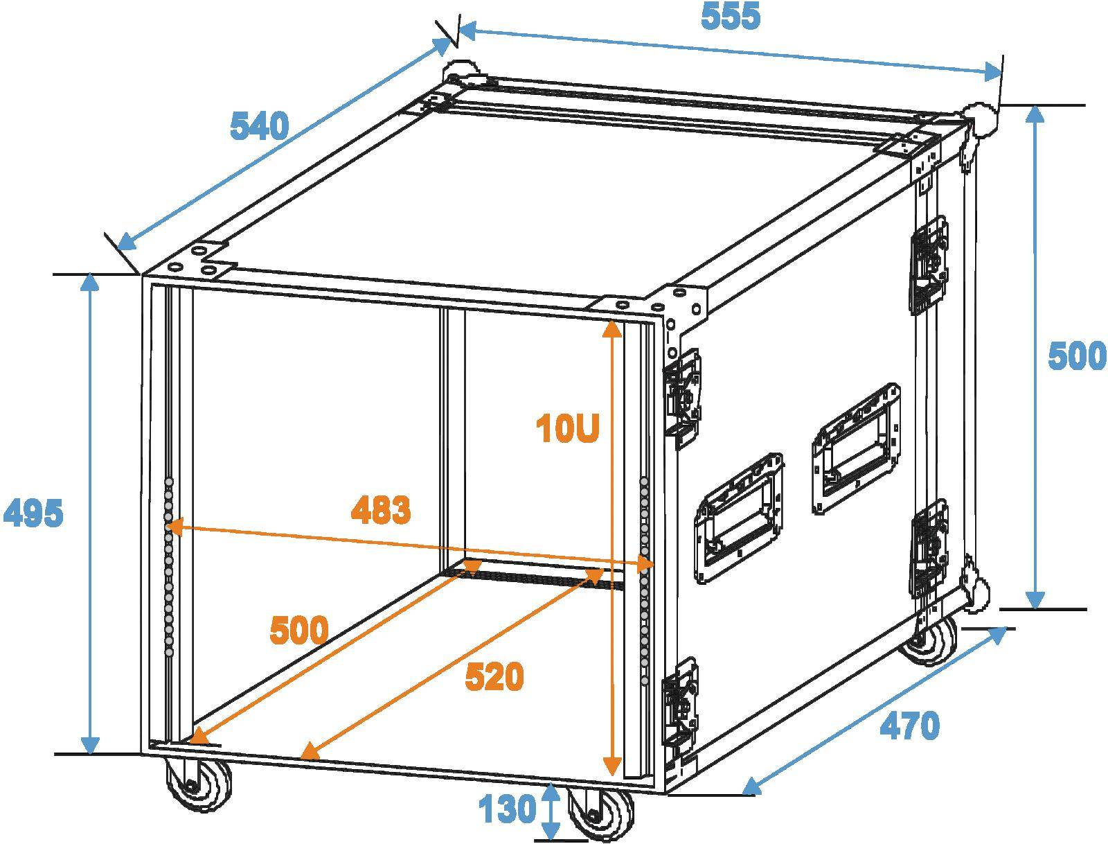 Obrázek racku s rozměry: výška 495 mm, hloubka 540 mm, šířka 555 mm. Vnitřní rozměry: šířka 483 mm, hloubka 520 mm. Prostor pro 10U.
