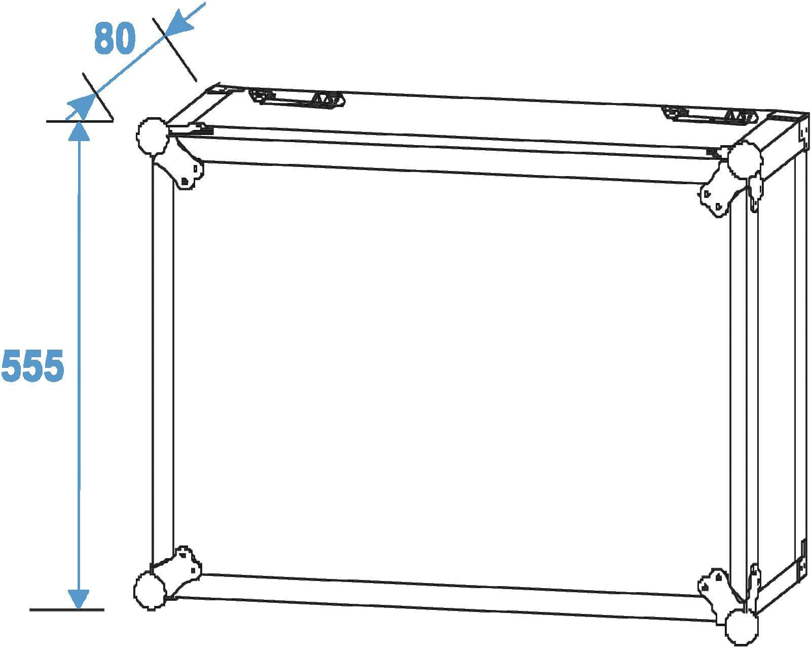 Obrázek obdélníkové krabice, vysoké 555 mm a hluboké 80 mm, s držadly nahoře.