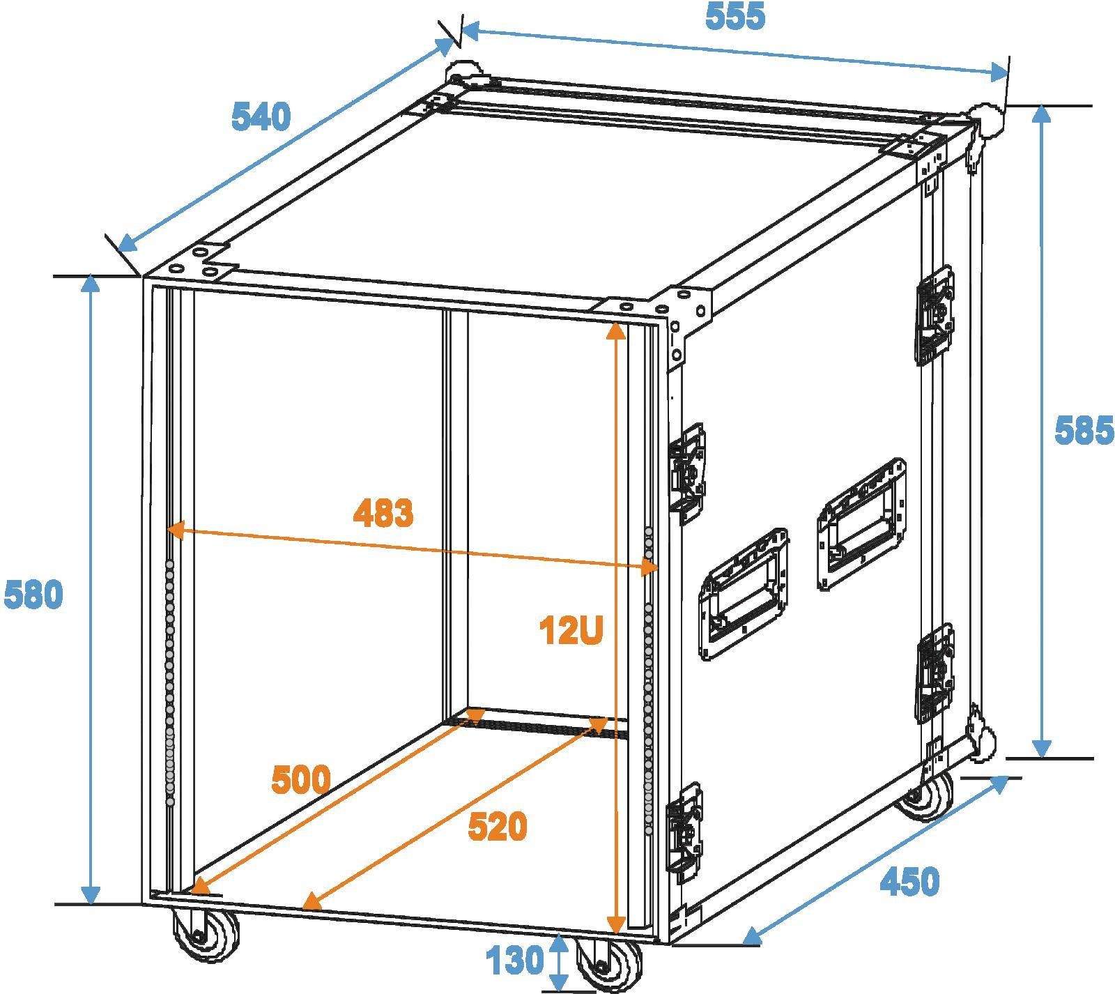 Trojrozměrný diagram kovovového pojízdného rámu s rozměry: výška 585 mm, šířka 555 mm, hloubka 450 mm. Efektivní vnitřní výška 12U.