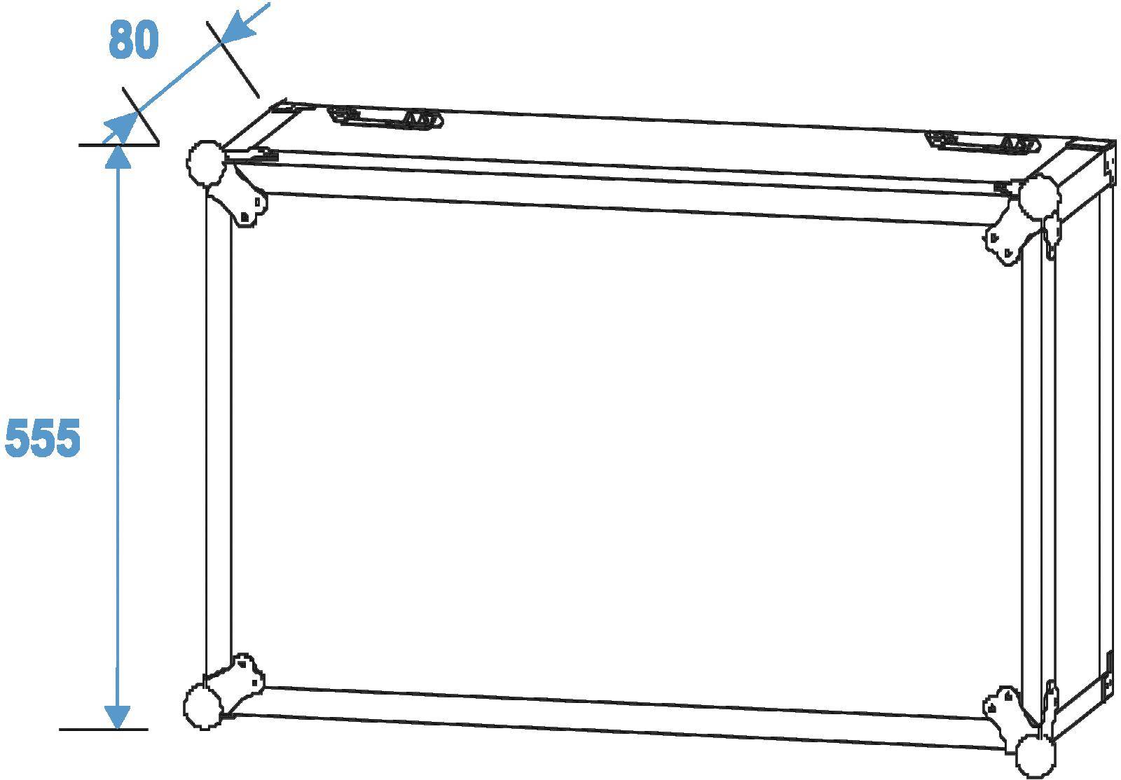 Technický výkres obdélníkového pouzdra s rozměry 80 mm šířky a 555 mm výšky, zobrazený z perspektivního pohledu.