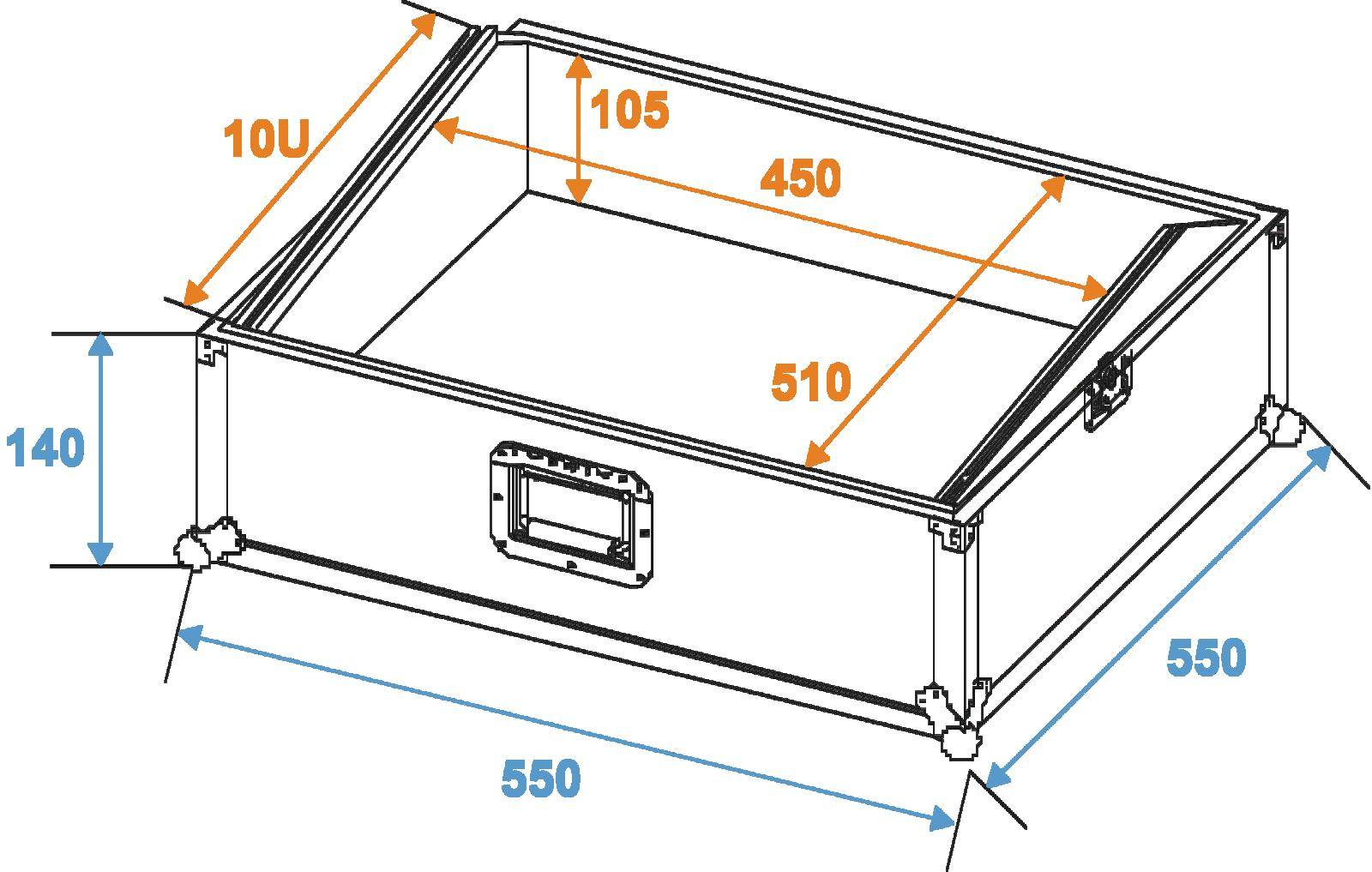 Konstrukční výkres obdélníkové krabice s rozměry: výška 140 mm, hloubka 550 mm, šířka 550 mm. Vnitřní šířka 450 mm.
