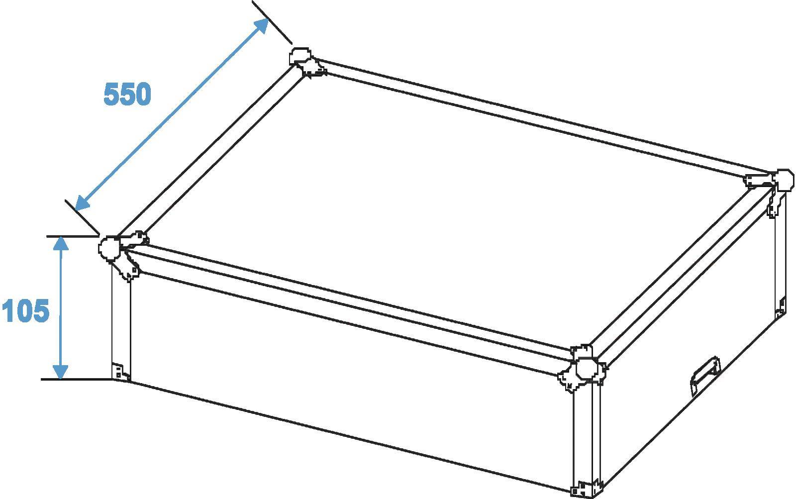 Izometrický nákres obdélníkové krabice s uvedenými rozměry 550 šířky a 105 výšky, včetně přenoskových rukojetí po stranách.