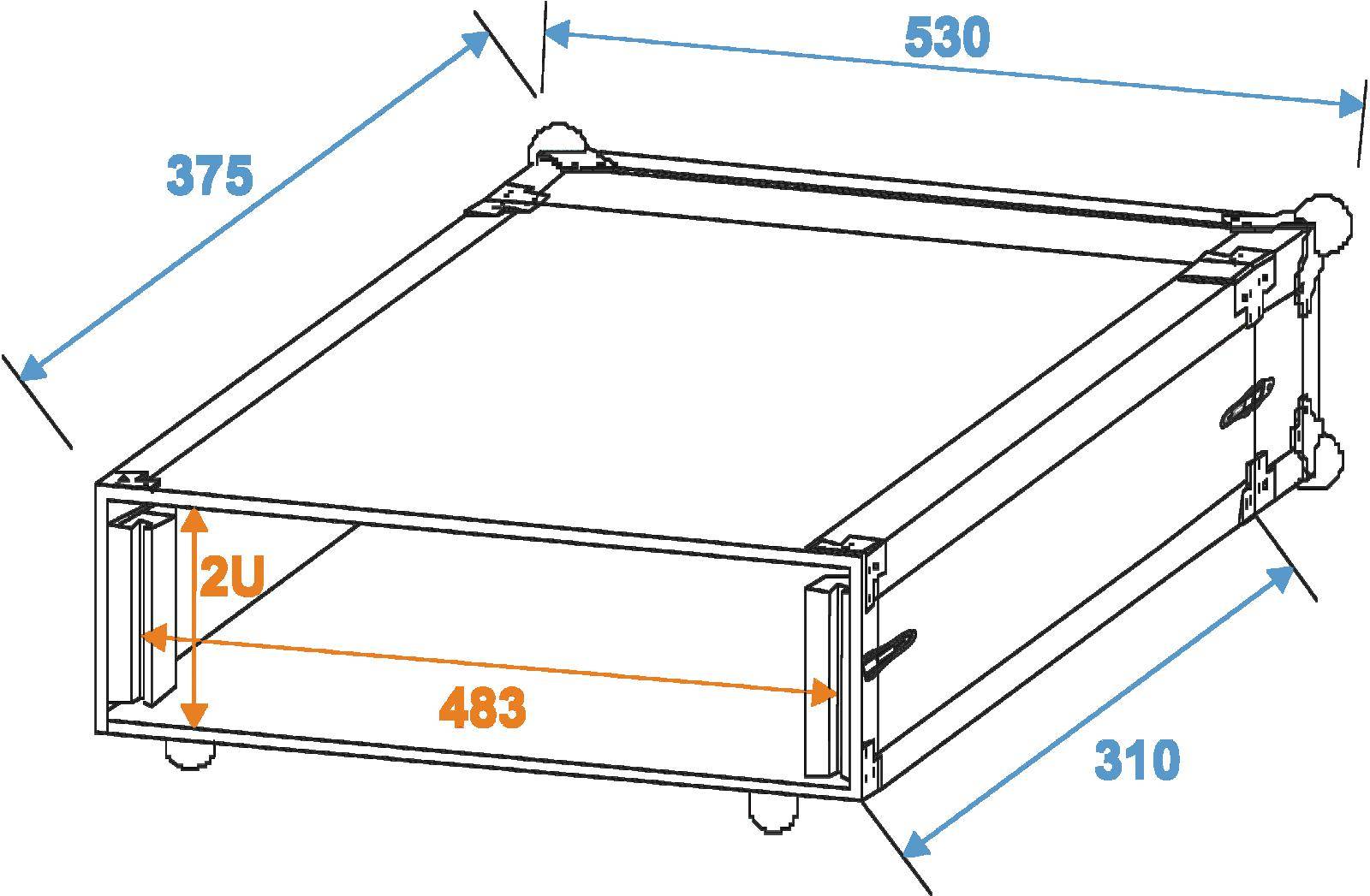 Diagram 2U racku se zobrazením rozměrů: šířka 483 mm, hloubka 530 mm, výška 2U. Boční rozměry: 375 mm a 310 mm.