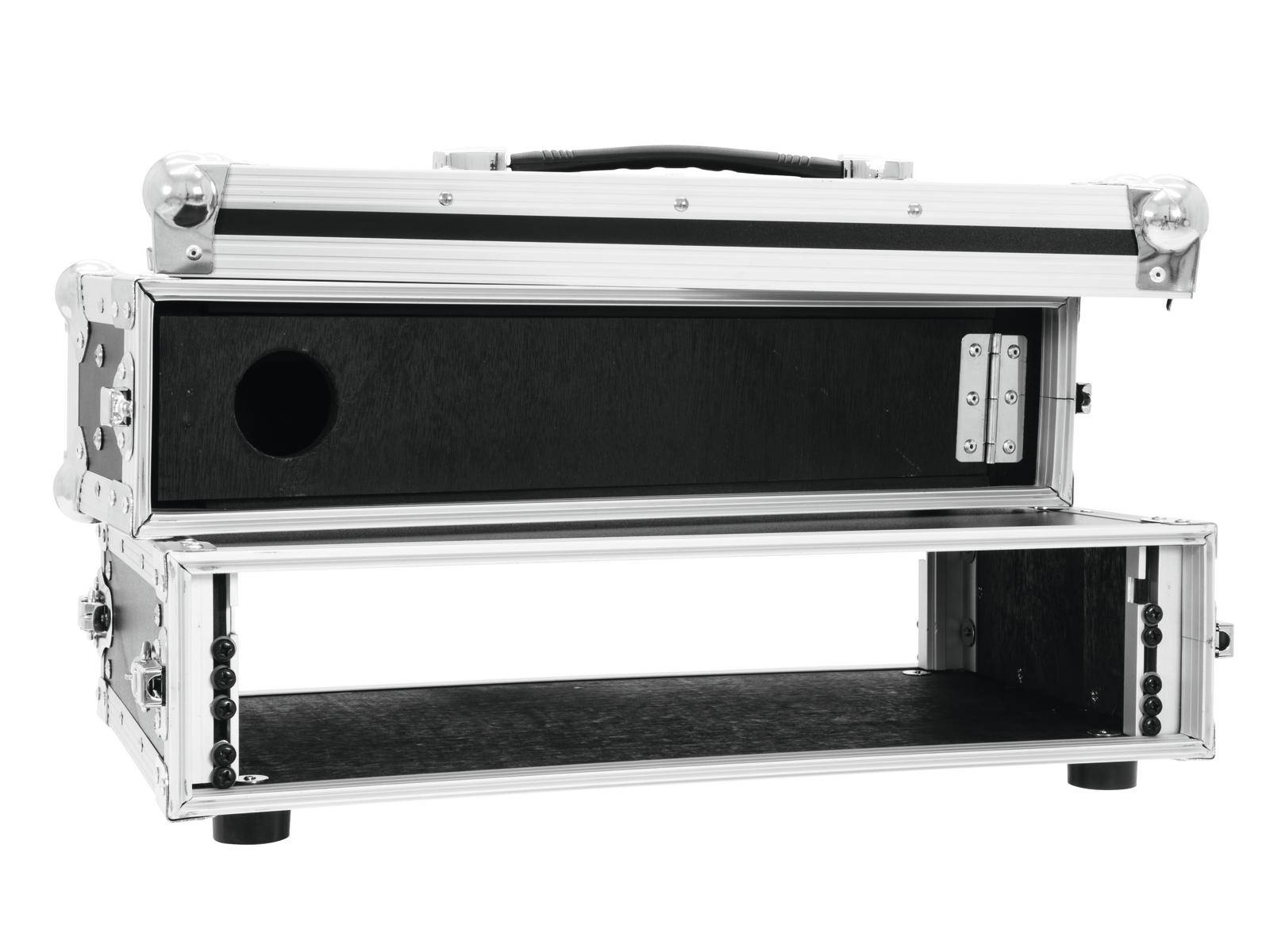 Otevřený, dvoustupňový kovový rack case s rukojetí, vhodný pro uchovávání elektronických zařízení nebo audio příslušenství.
