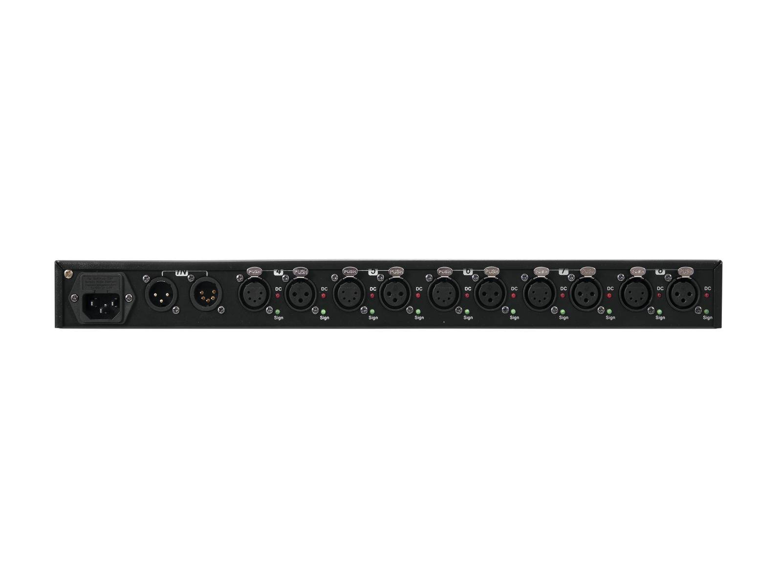 Zadní strana zvukového zařízení s několika XLR konektory a napájecím vstupem. Vhodné pro profesionální audio připojení.