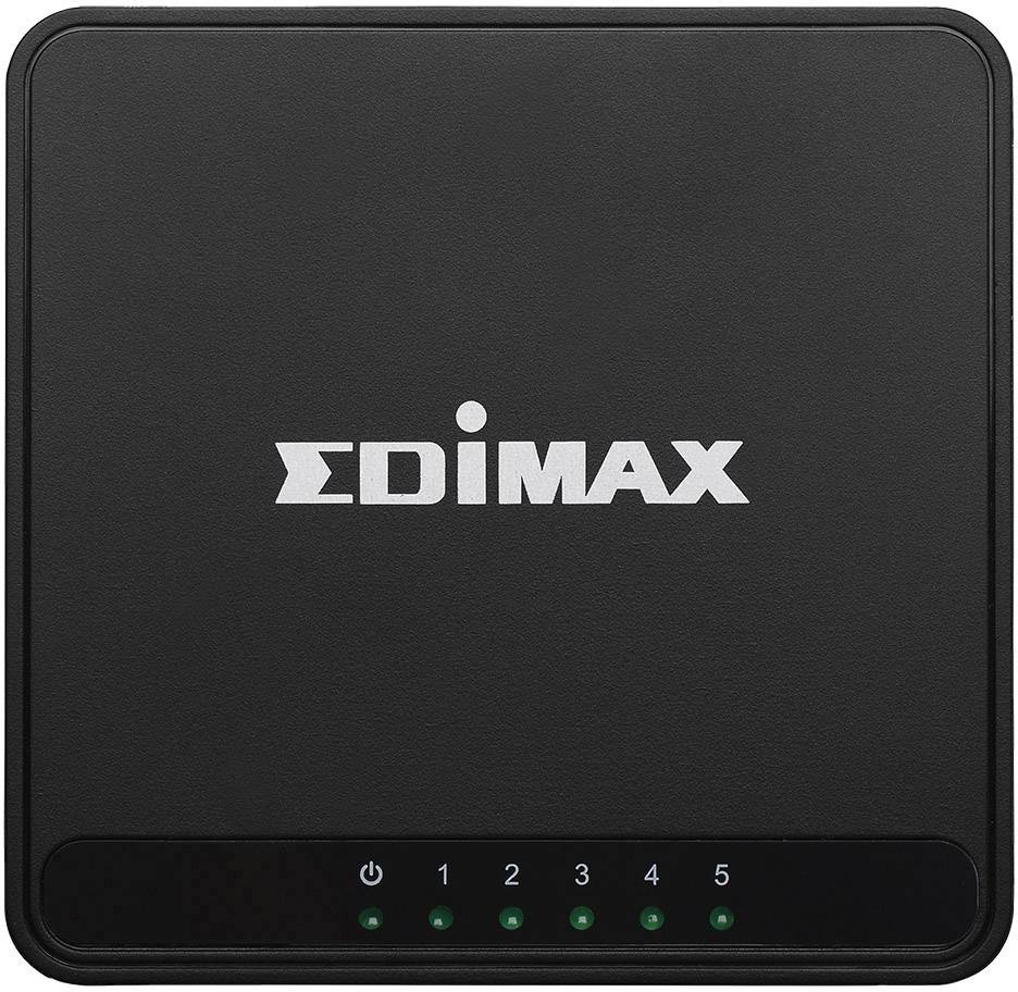 Černý router se značkou 'Edimax' na přední straně. Dole pět svítících LED indikátorů.