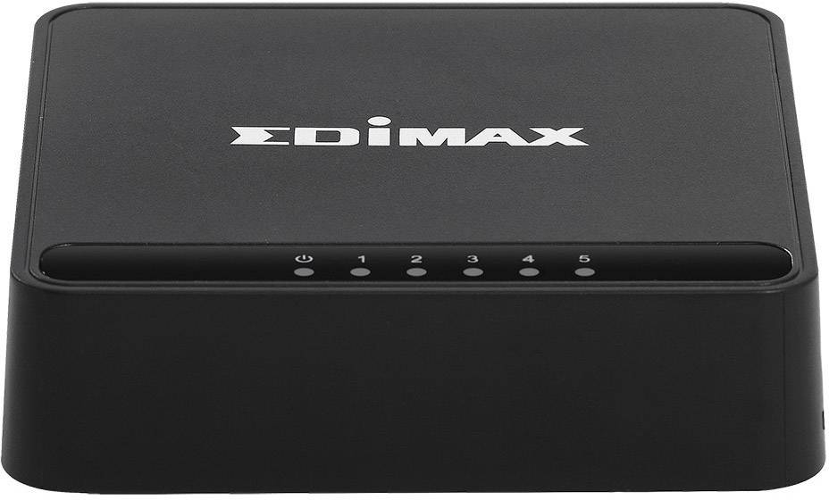Síťový switch Edimax v černém obdélníkovém pouzdře s pěti síťovými porty.