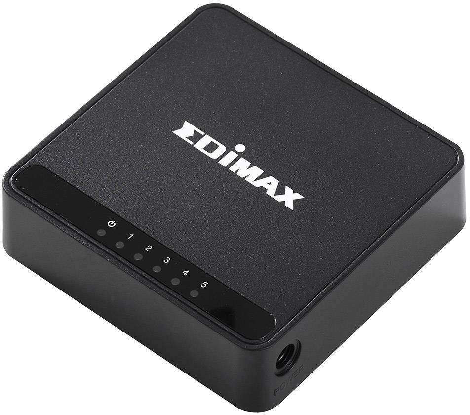 Černý síťový switch značky 'EDIMAX' s pěti očíslovanými LED indikátory na přední straně.
