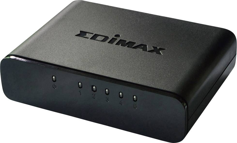 Černý síťový přepínač EDIMAX s pěti ethernetovými porty. Vhodný pro připojení více zařízení v lokální síti.